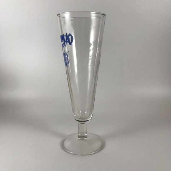 Vintage Olympia Beer Footed Pilsner Glass Blue Good Luck Horseshoe Logo Tumwater - Picture 2 of 7